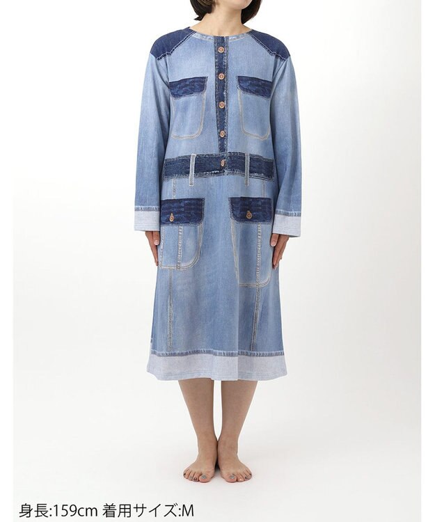 tsumori chisato SLEEP ツモリチサト ワンピース 長袖 ルームウェア 綿100%(本体) ミニ裏毛素材 デニム風プリント チュニック tsumori chisato SLEEP UNX558 /ワコール ブルー