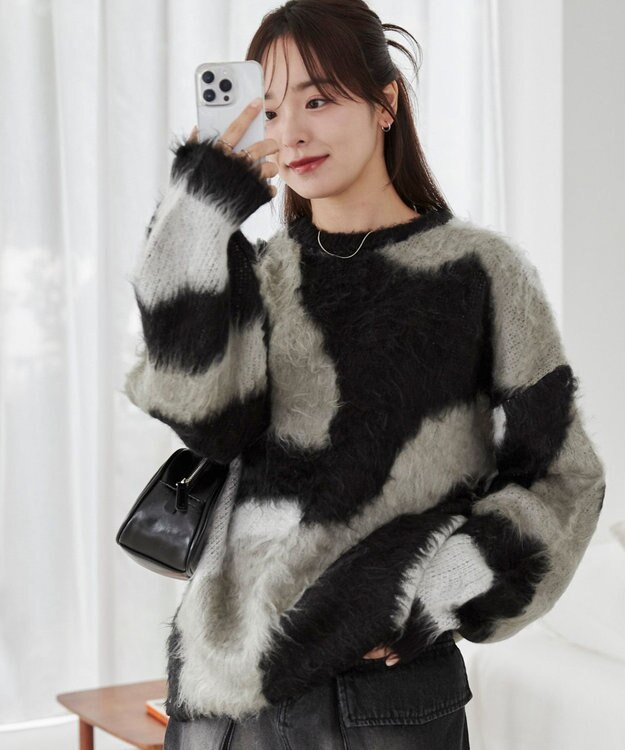 WEGO 【ユニセックス着用ITEM】マーブルシャギーニットプルオーバー ブラック