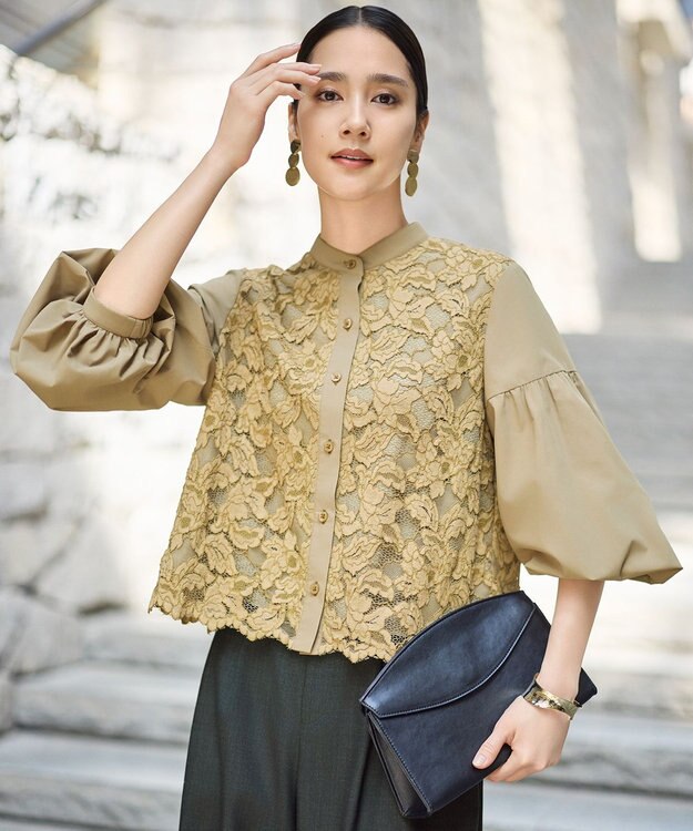 自由区 【SHIHOさん着用】レースブロッキング ブラウス キャメル