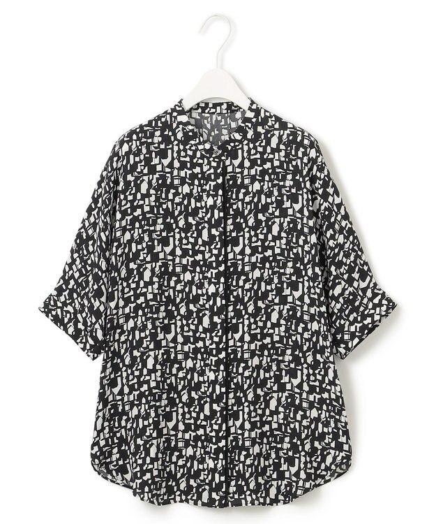 ICB L 【新色追加・接触冷感・UVケア・速乾・洗える】BackSatinAmunzen 5分袖バンドカラーブラウス ブラック×オフホワイト柄系