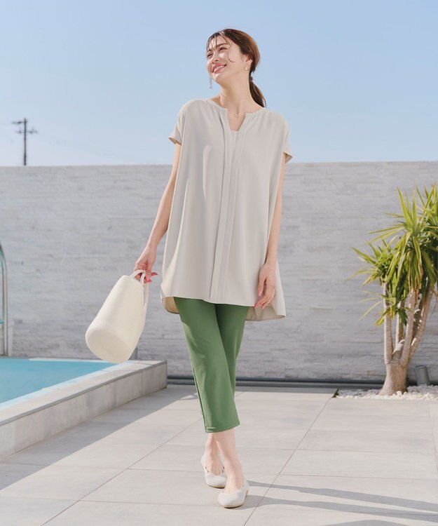 Tiaclasse 【洗える】フレンチスリーブキーネックシャツチュニックブラウス アイボリー