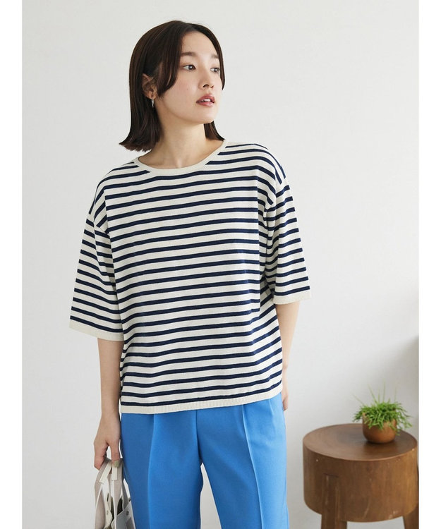 Green Parks 洗える　ニットＴシャツ Border Navy