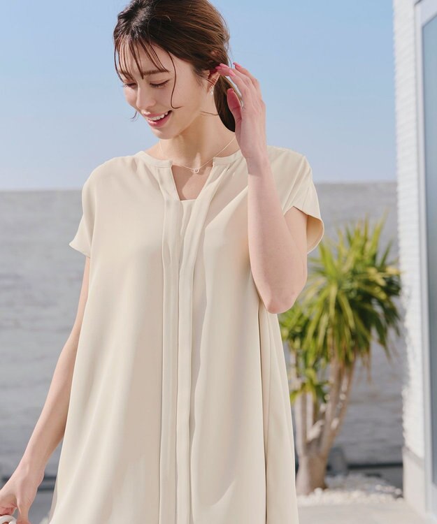 Tiaclasse 【洗える】フレンチスリーブキーネックシャツチュニックブラウス アイボリー