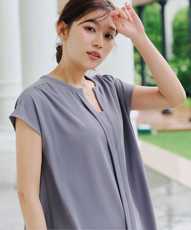 Tiaclasse 【洗える】フレンチスリーブキーネックシャツチュニックブラウス ブルー