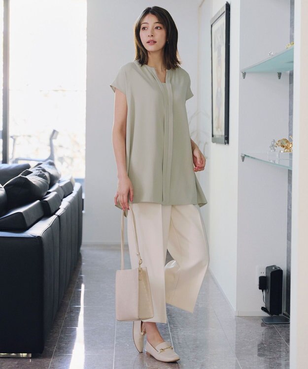 Tiaclasse 【洗える】フレンチスリーブキーネックシャツチュニックブラウス ミント