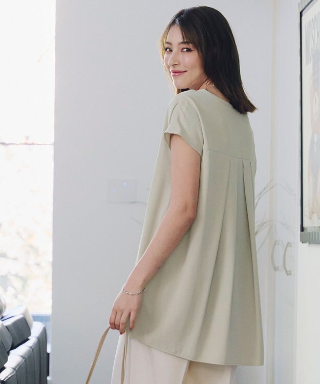 Tiaclasse 【洗える】フレンチスリーブキーネックシャツチュニックブラウス ミント