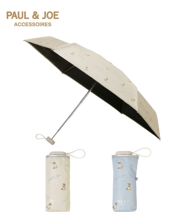 MOONBAT 【 遮光率100％/遮熱/UV/コンパクト】PAUL&JOE ACCESSOIRES(ポール&ジョー) 晴雨兼用日傘 ヌネット×ロゴ ネコ 5段折りたたみ傘 ベージュ