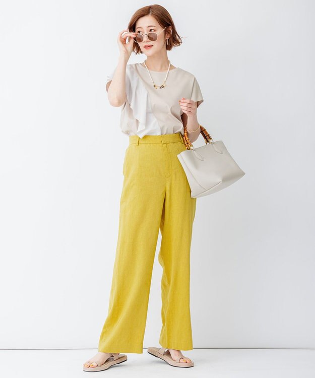 23区 【洗える】リネンレーヨンストレッチ ワイド パンツ イエロー系