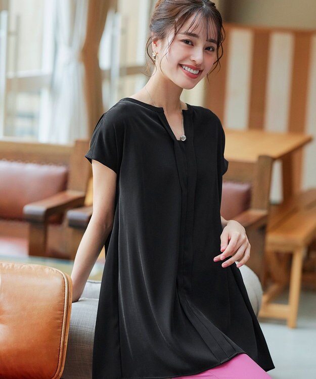 Tiaclasse 【洗える】フレンチスリーブキーネックシャツチュニックブラウス ブラック