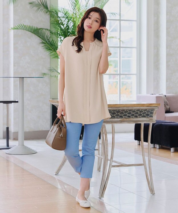 Tiaclasse 【洗える】フレンチスリーブキーネックシャツチュニックブラウス アイボリー