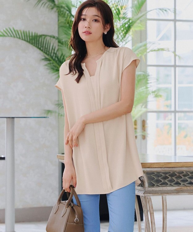 Tiaclasse 【洗える】フレンチスリーブキーネックシャツチュニックブラウス アイボリー