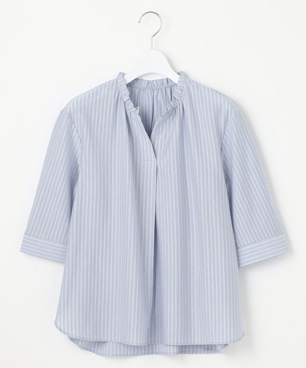 J.PRESS LADIES L ストライプジャージー フリル襟 カットソー サックスブルー系1