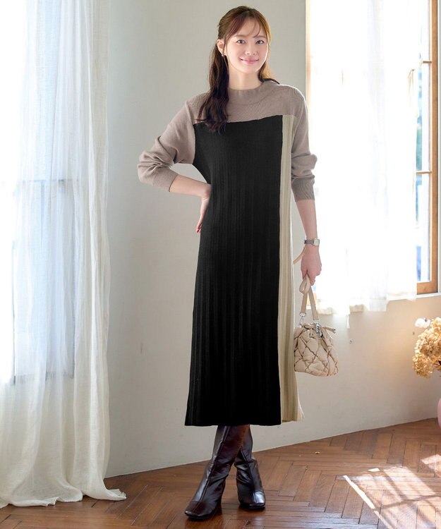 Tiaclasse 配色切替ニットワンピース ベージュ