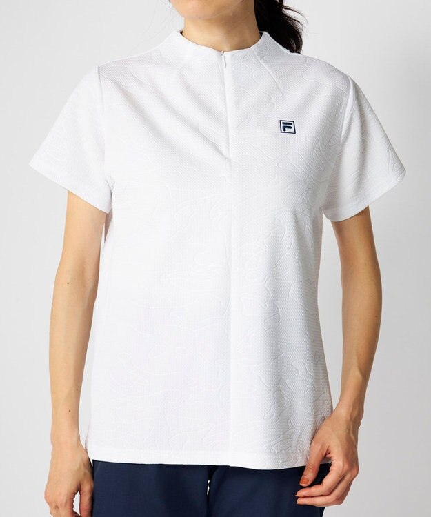 FILA GOLF／marie claire 【FILA GOLF】 チェッカーフラッグ柄エンボス半袖シャツ ホワイト