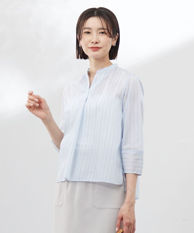 J.PRESS LADIES 【洗える】ランダムストライプ スタンドカラー  ブラウス サックスストライプ系