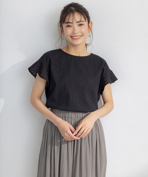 組曲 S エンブロイダリーレースフレンチスリーブ ブラウス ブラック系