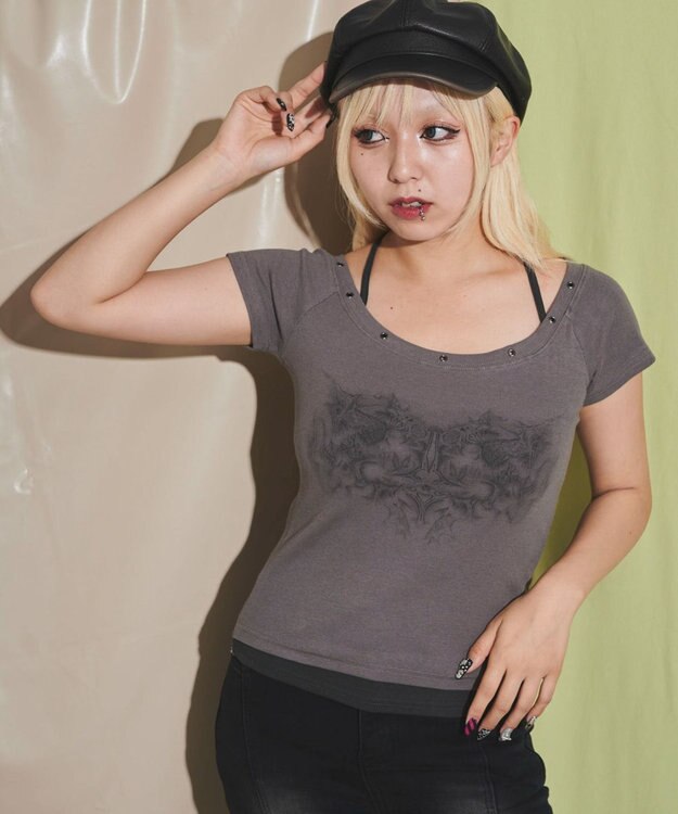 WEGO ハトメレイヤードグラフィックT ブラック中濃色