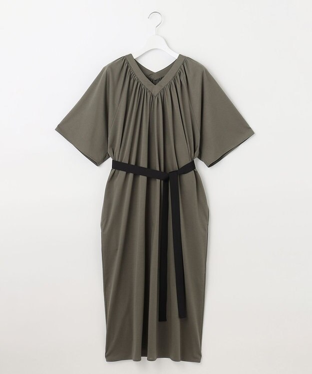 自由区 【WEB限定・洗える・XSサイズあり】ライトギャザーフレアスリーブ ワンピース カーキ系