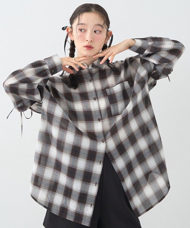 earth music&ecology 【2WAY】２ｗａｙショルダードロストリボンチェックシャツ Brown