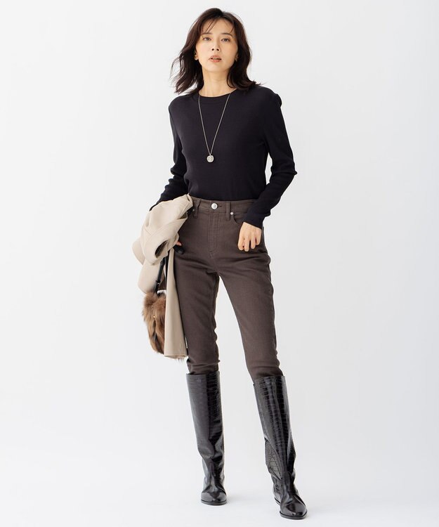 23区 L 【洗える】オーガニックコットンリブ クルーネック カットソー ブラック系