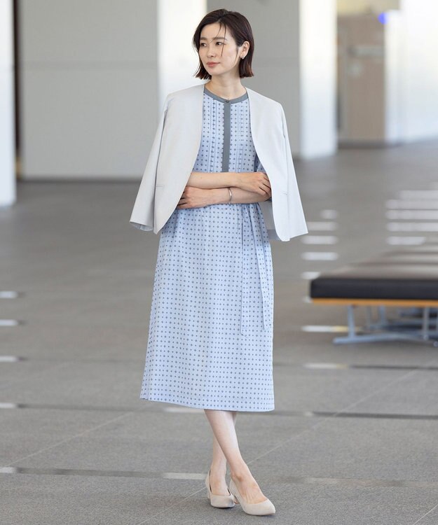 J.PRESS LADIES 【セットアップ対応・洗える・UVケア・吸水速乾】OXIJEWELストレッチ ノーカラー ジャケット ライトグレー系