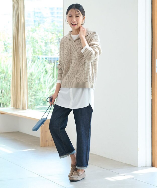 ANY 【洗濯機可】スキッパーソフトタッチアラン柄ニット ベージュ