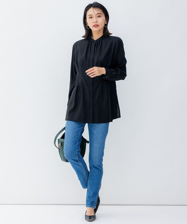 23区 【洗える】キュアセルツイル ウエストタック ブラウス ブラック系