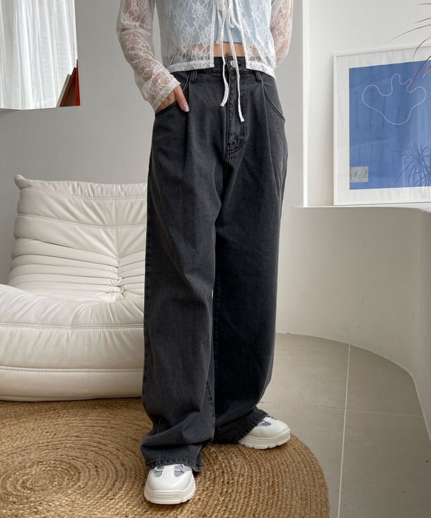 WEGO モチーフデニムタックパンツ デニムブラック