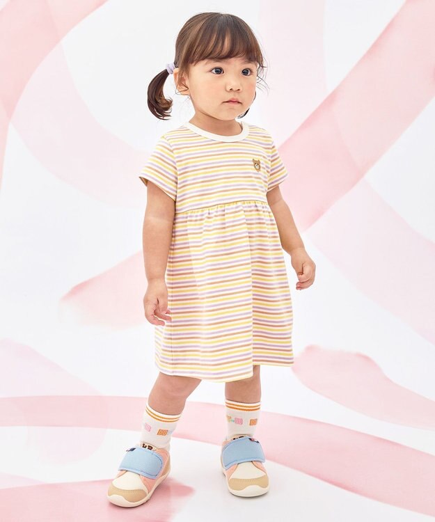 MIKI HOUSE HOT BISCUITS 【80-120cm】みじんボーダー ワンポイント刺繍 半袖ワンピース ラベンダー