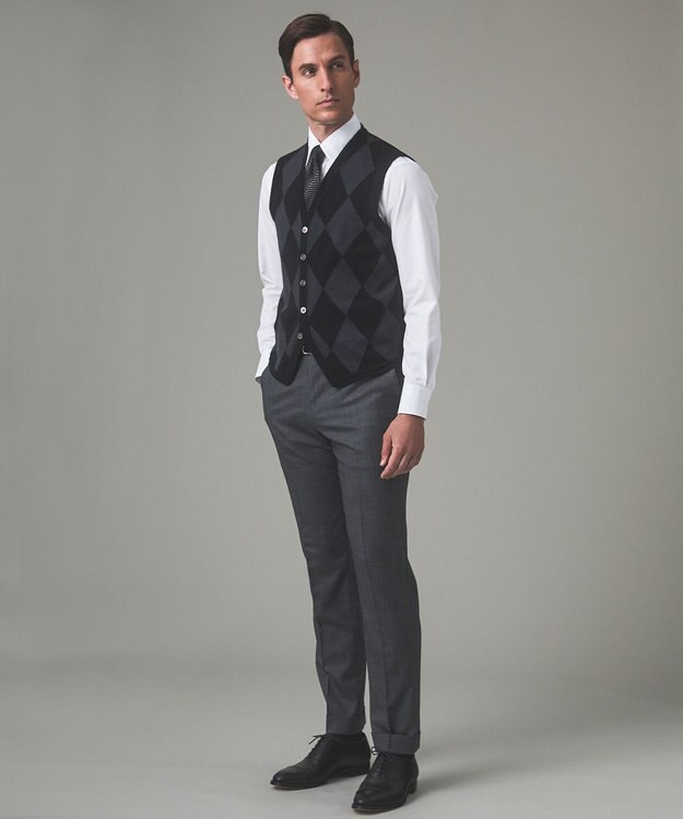 GOTAIRIKU 体温調整に【洗える/チクチクしにくい/ピリングしにくい】イタリア糸 ハイゲージ ベスト_WOOL100% ブラック×グレーアーガイル