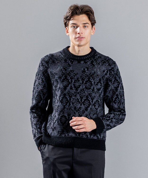 JOSEPH HOMME オーナメントブークレ　クルーネックニット ブラック系