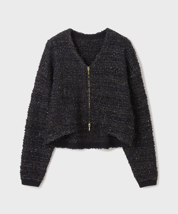 GRACE CONTINENTAL ツイードニットzipカーディガン ブラック