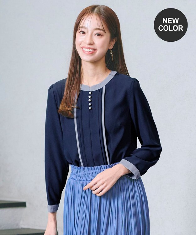 Tiaclasse 【洗える】ピンタック配色ブラウス ネイビー×サックスグレー