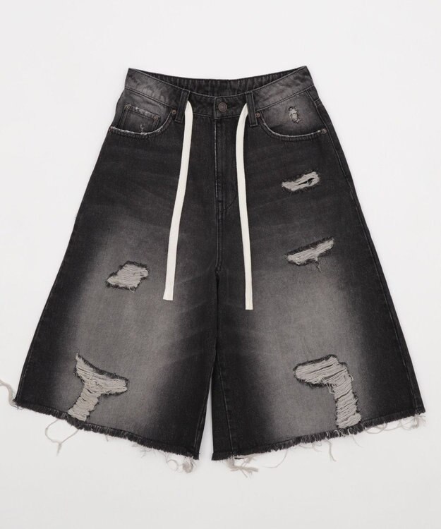 WEGO 【SMサイズ展開】ヴィンテージウォッシュダメージバギーハーフパンツ ブラック