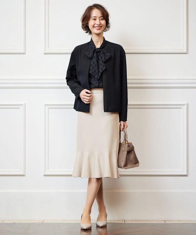 自由区 【洗える】カットジャカード ボウタイブラウス ネイビー系