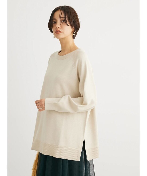 Green Parks もちやわ　ボートネックニットチュニック Light Beige