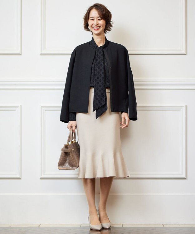 自由区 【洗える】カットジャカード ボウタイブラウス ネイビー系