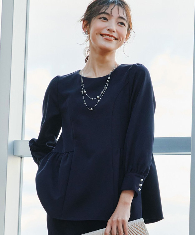 Tiaclasse 【ダブルクロス】パフスリーブペプラムチュニックブラウス ネイビー