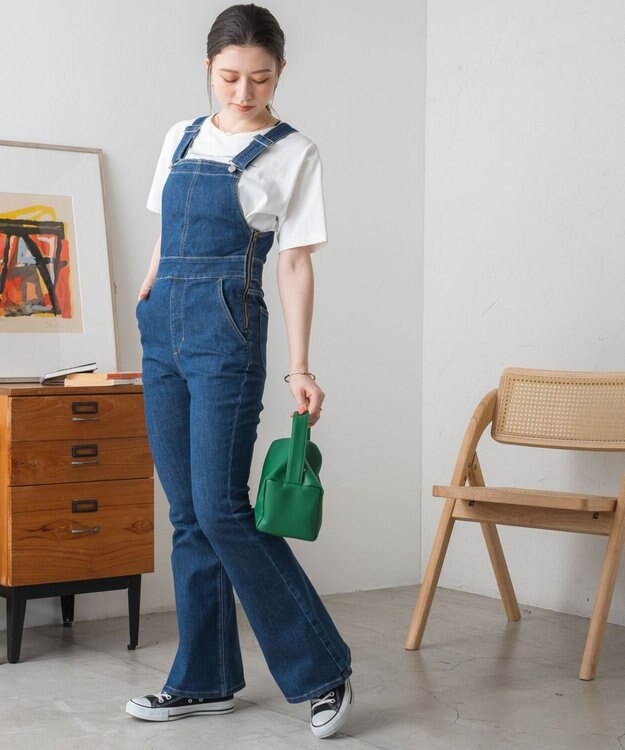 WEGO ハイウエストストレッチフレアデニムサロペット デニム中濃色