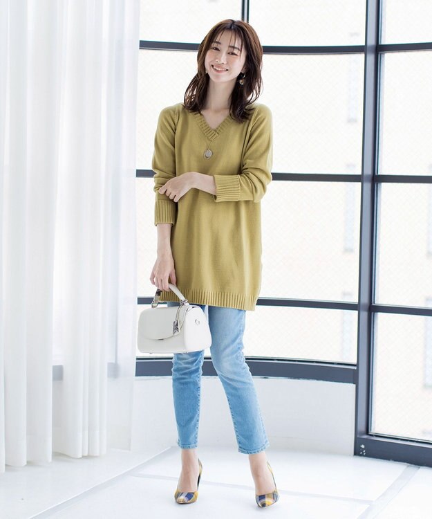 Tiaclasse 【洗える】Vネックリブニットチュニック ライム