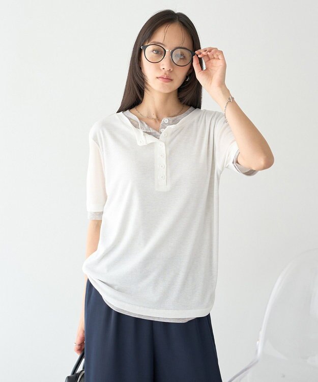 earth music&ecology シアーレイヤード風5分袖プルオーバー Off White
