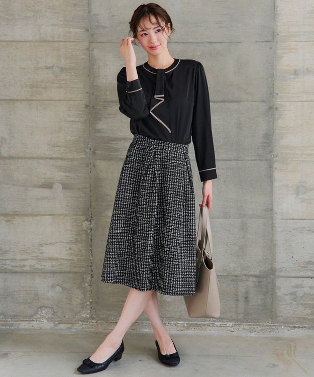 Tiaclasse 【洗える】ツイードタックフレアスカート ブラック