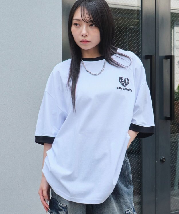 WEGO 【ユニセックス着用ITEM/MLサイズ展開】アクセ付きリンガーグラフィックT（SS） アッシュグレー