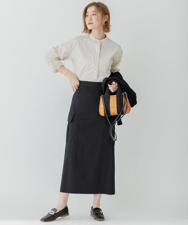 23区 【洗える】CANCLINI バンドカラー シャツ アイボリー×ブラックストライプ