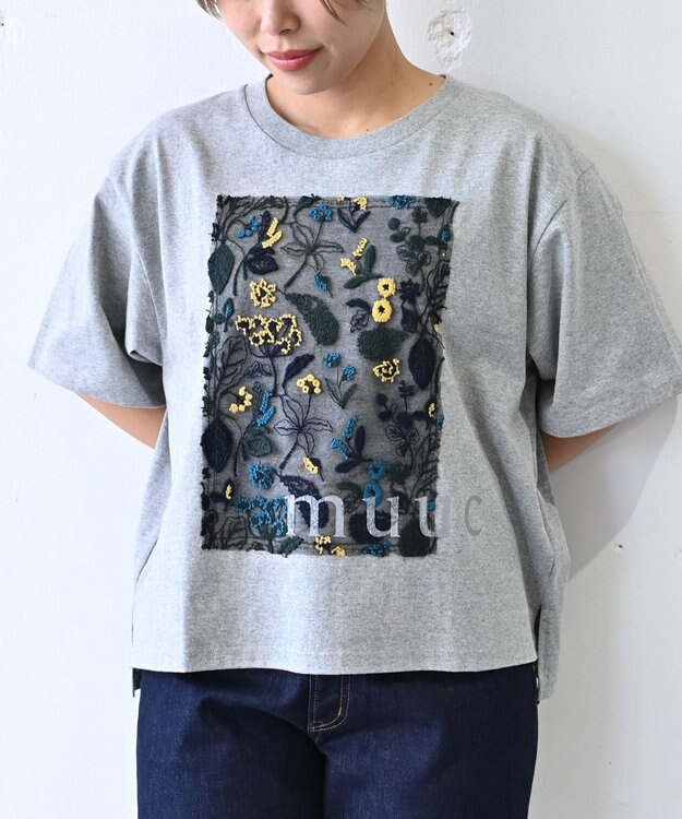 muuc 〈オープンエンド糸使用ドライタッチコットン生地〉筆記帳刺繍オーバーサイズTシャツ グレー