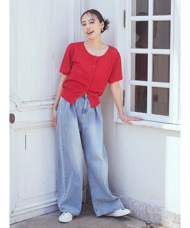 earth music&ecology リボン柄透かし編みニットカーディガン Red