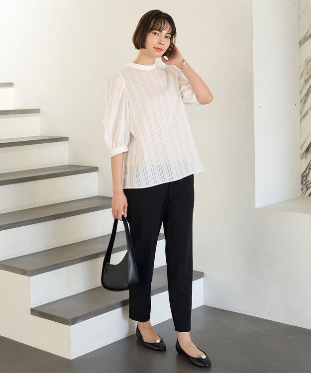 UNFILO ストライプレース 2WAY パフスリーブブラウス オフ