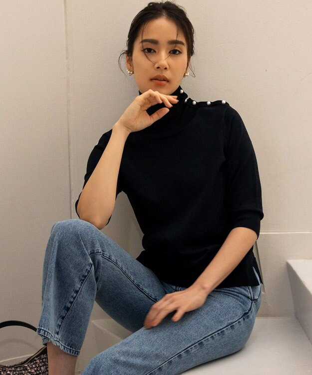 組曲 MINA六分袖タートルネック ニット ブラック系