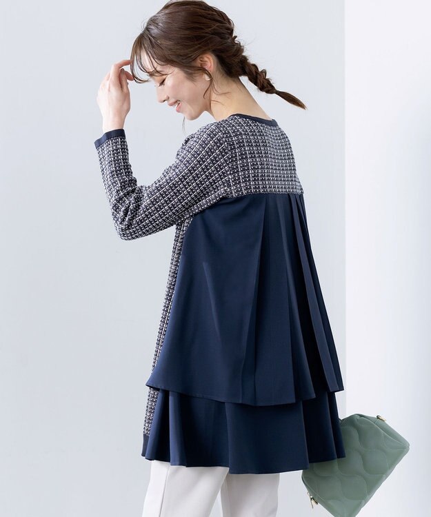 Tiaclasse 【洗える】ツイード2段フレアチュニックブラウス ネイビー