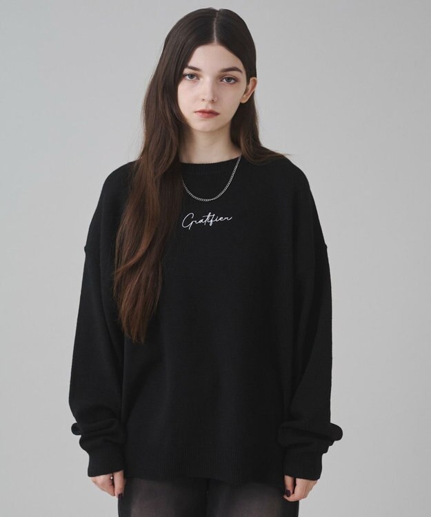 WEGO 【ユニセックス着用ITEM/SMLサイズ展開】アクセ付きワンポイントニットプルオーバー ブラック